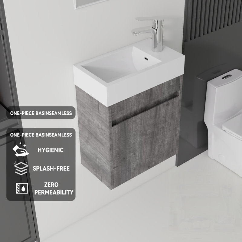 Meuble-lavabo flottant avec lavabo, porte à fermeture en douceur, lavabo en céramique, contreplaqué, Gray