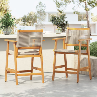 Brian Outdoor 25” Seat Height Acacia Wood Counter Stools With Woven Rope