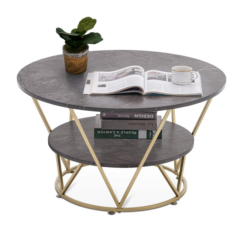 Rena Modern 2-Tier Round Coffee Table - Faux Marble with Storage Shelf and Metal Frame, Gray