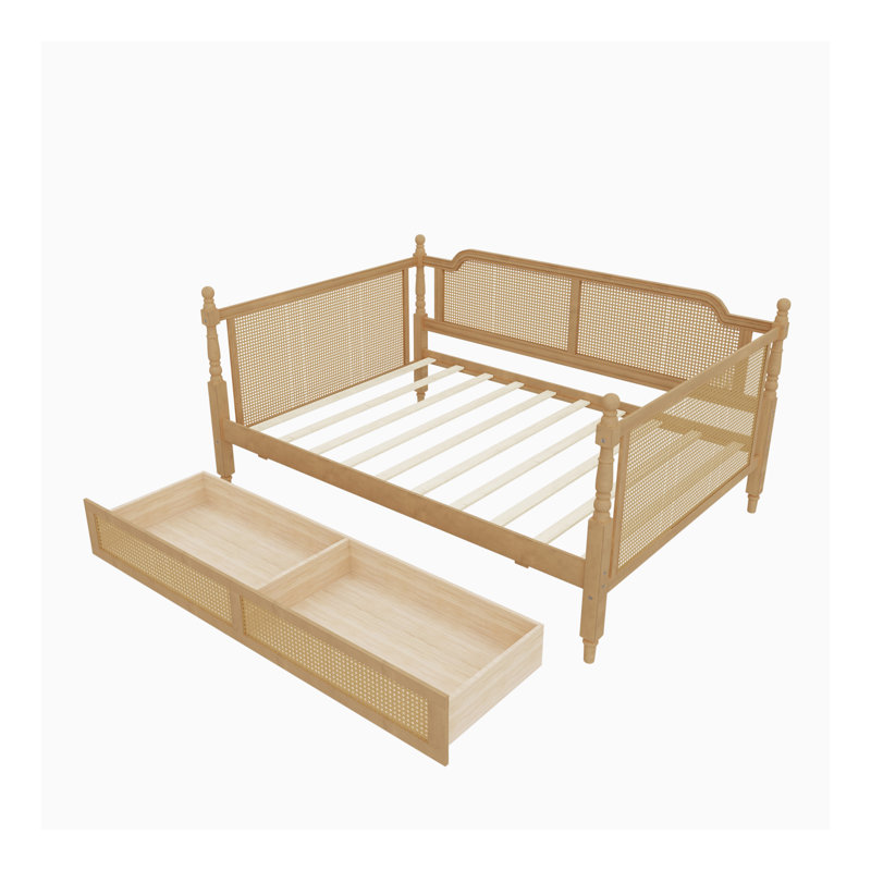 Lit de jour en rotin de style traditionnel avec 2 tiroirs pour un espace limité, chambre d'amis, aucun sommier nécessaire, noyer antique