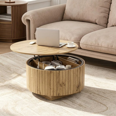 31.5" Round Fluted Lift Top Storage Coffee Table With App & Remote Controlled Rgb Led Light, Multi-functional Drum Work Table With Divided Hidden Compartment For Living Room Apartment