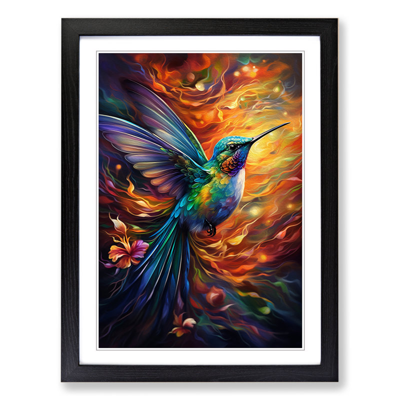 Hummingbird Expressionism - Single Picture Frame Print on Wood, Black, 34cm H x 25cm W x 2cm D