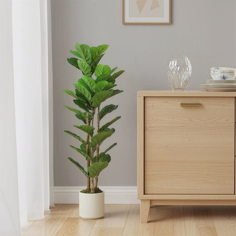 Faux Fiddle Leaf Fig Tree Plant in Cement Freestanding  Planter, 120cm H x 45cm W x 40cm D