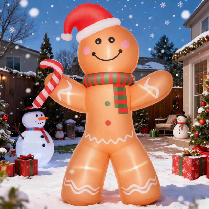 Décoration de jardin extérieure gonflable, bonhomme de pain d'épice gonflable de Noël avec une canne de bonbon avec affichage à DEL
