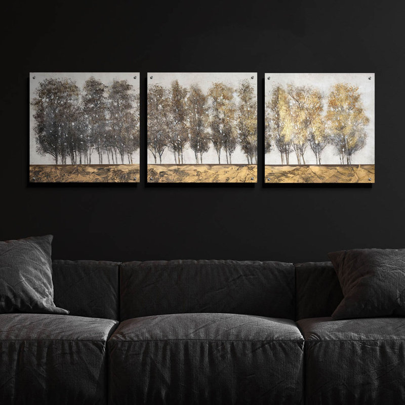 «Gilt Foliage» par Tim O'Toole, art mural en verre acrylique, ensemble de 3 pièces, H 24 po x l 72 po