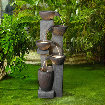 Fontaine de sol à DEL d'intérieur à 5 niveaux Fountains, grain de bois brun foncé, pour patio de jardin et amp; Salon | Résine | Fontaine cascade à plusieurs niveaux