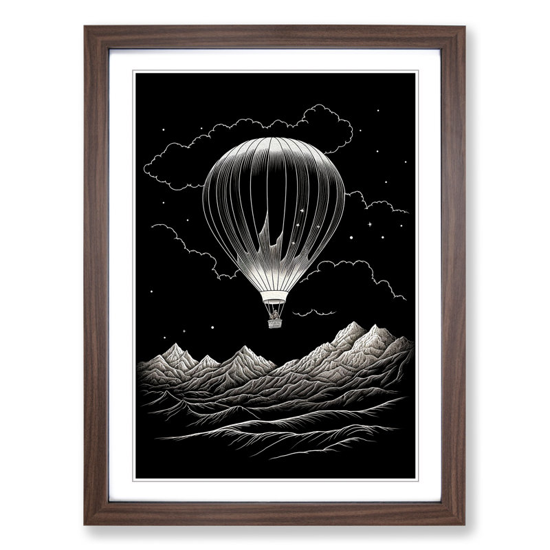 Hot Air Balloon Line - Single Picture Frame Print on Wood, 34cm H x 25cm W x 2cm D, Walnut Framed