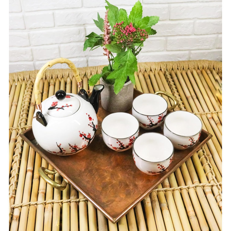 Ensemble de théière en porcelaine 30 oz et 4 tasses à thé en porcelaine blanche et rose