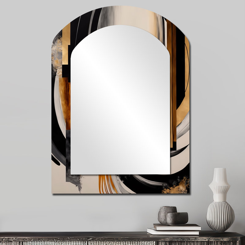 Gold Touch Art Deco IV - Abstract Arch Decorative Wall Mirror, Black Asymmetrical Large Mirror, Printed Metal Art