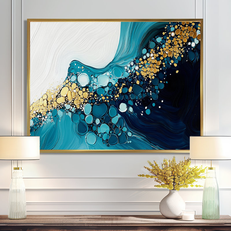 Abstrait aqua Pulse of the Ocean III - art mural abstrait, H 16 po x l 32 po, Cadre flottant, Doré