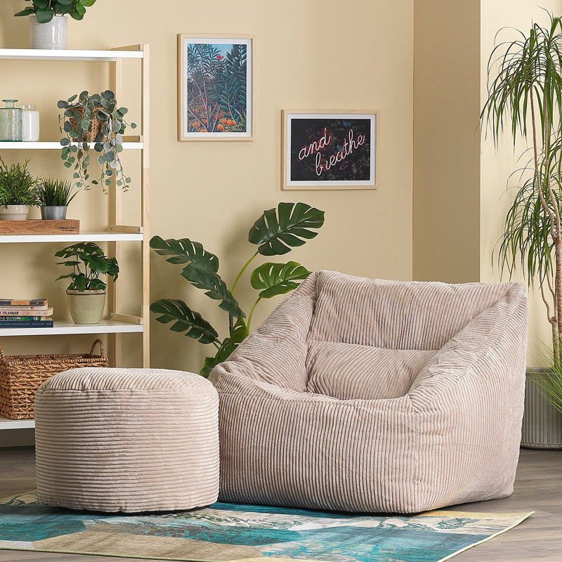 Natalia Corduroy Armchair Bean Bag and Round Footstool, Stone