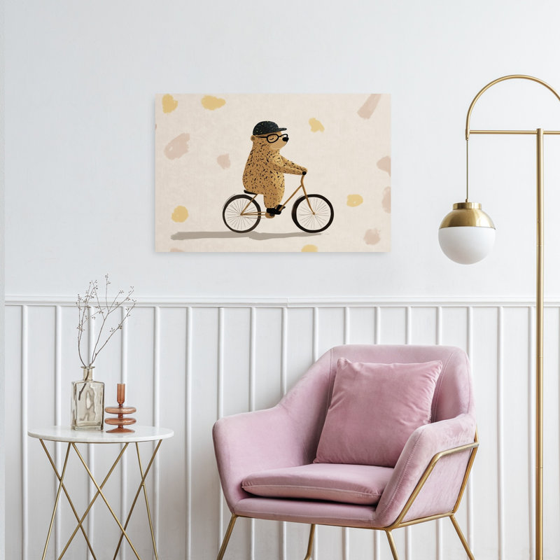 Ours sur un vélo, impression d'artiste minimaliste ludique, 24" H x 36" W