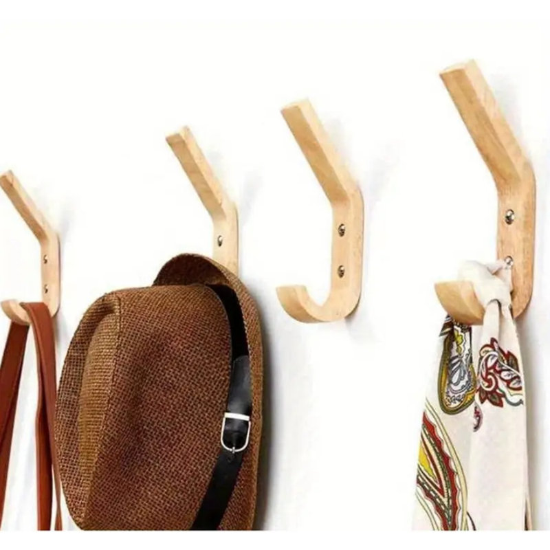 Crochets muraux créatifs en bois massif pour vêtements et chapeaux - Ensemble de 4