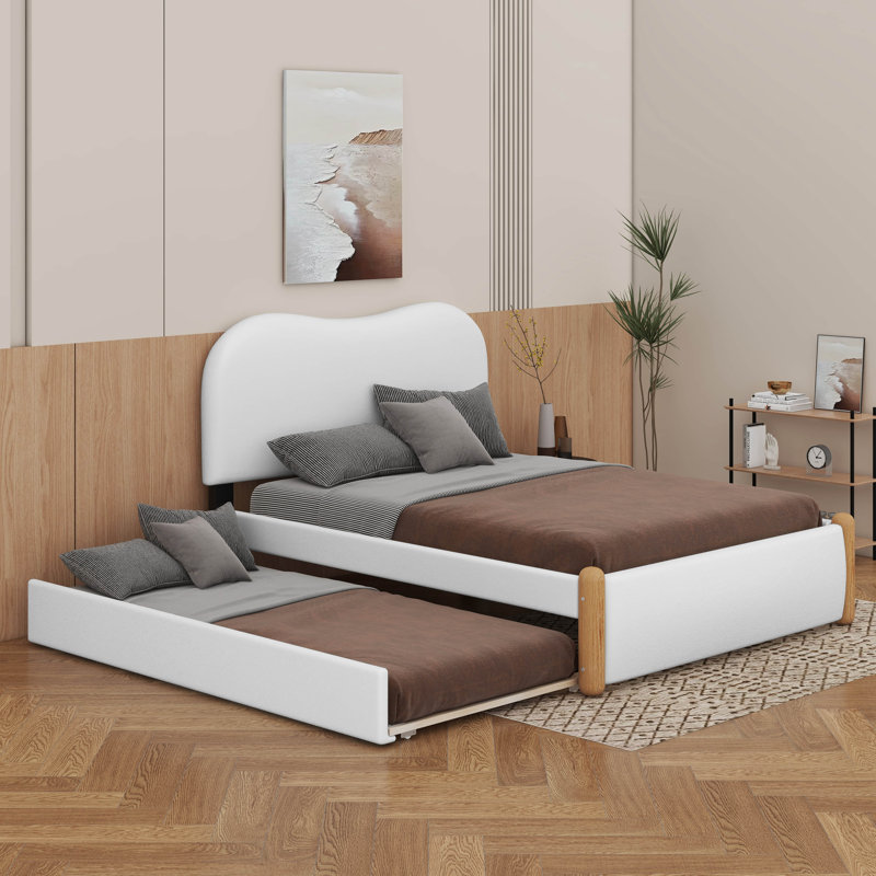 Lit plateforme tapissier simple avec lit gigogne et pieds en bois, White, Double