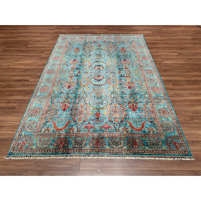 Original Hand Knotted Traditional Pattern Teal Wool and Cotton Rug