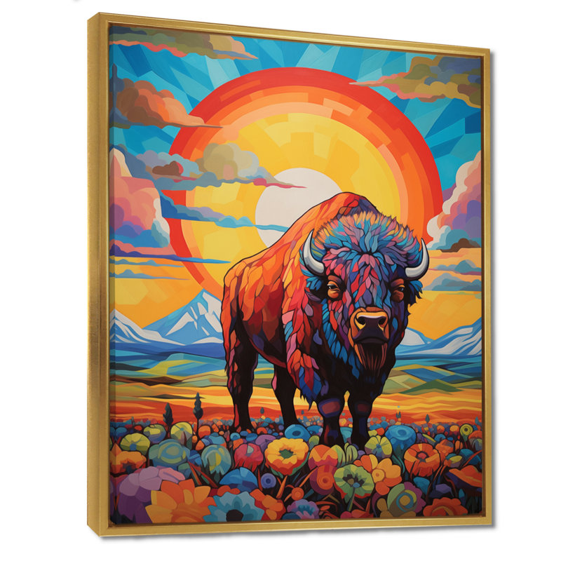 «Bison in Floral Mountain Landscape At Sunset II - Buffalo / Bison Animal», reproduction d'art murale, Cadre flottant doré