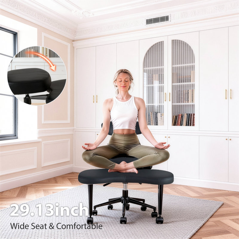 Ergonomic Adjustable Meditation Kneeling Chair with Footstool - PU,385LBS Capacity for Office/Yoga & Back Pain Relief, Black