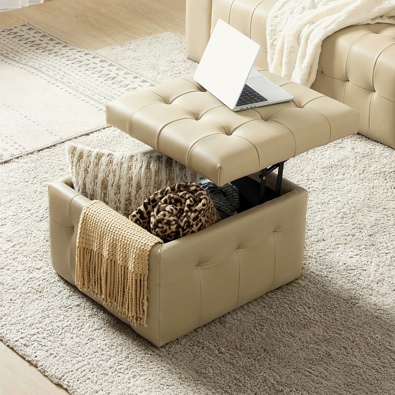Brezlynn 24" Wide Genuine Leather Tufted Standard Ottoman with Storage, Beige Genuine Leather