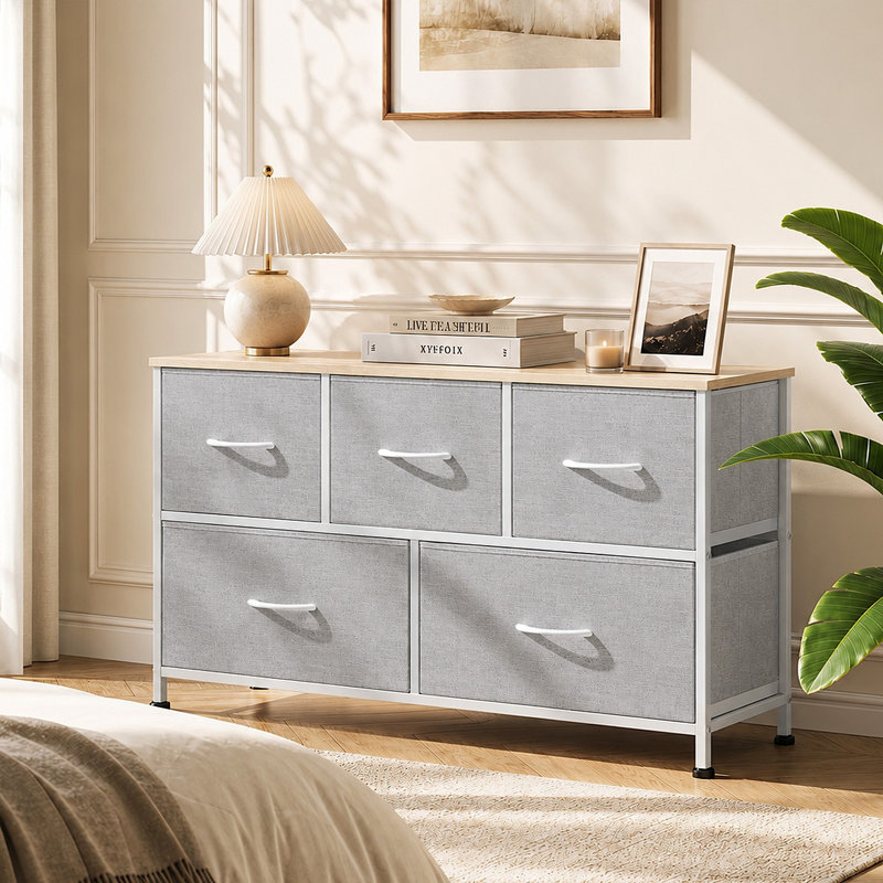Commode à 5 tiroirs de 39,1 po de largeur pour la chambre à coucher, unité de rangement avec structure en acier robuste, meuble télé avec commode en bois, commode, salon