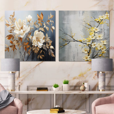Empreinte romantique blanc et jaune - ensemble de collage floral carré carré de 2