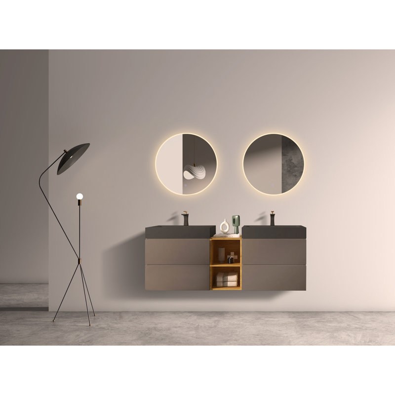 Meuble-lavabo mural 60 po avec lavabo double et tablette ouverte 60 po gris