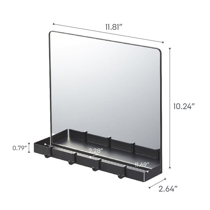 Black Magnetic Mirror with Storage Rack and Hooks
