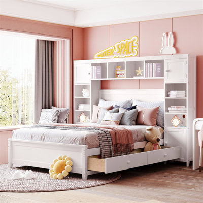 Full Size Wooden Bed With All-In-One Cabinet And Shelf