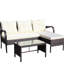 Ensemble de patio 3 pièces pour terrasse extérieure : canapé d'angle avec coussins beiges confortables et table basse pratique avec porte-revues. Meuble : - 2 places, méridienne.