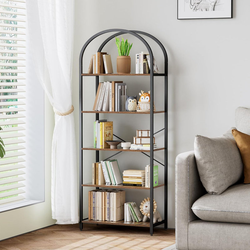 5-Tier Bookshelf Arched Display Racks Wood And Metal Bookcase