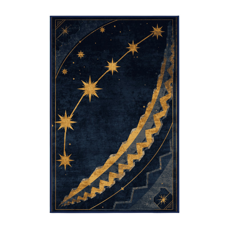 Machine Washable Orys Art Deco Arc Rug in Gray – Navy Binding, 3 x 5