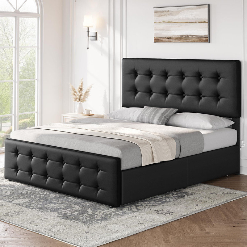 Adjustable Faux Leather Queen Bed Frame with 4 Storage Drawers and Button-Tufted Headboard, Black, No Box Spring Needed