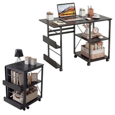 Folding Desk with Wheels, 31.5" Foldable Computer Desk with Storage Shelf, Space Saving Rolling Home Office Desk for Small Spaces, Portable Writing Table with Side Organizer,