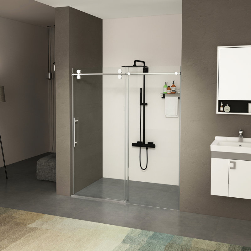 Porte de douche de 56 à 60 po de largeur avec verre trempé épais de 5/16 po (8 mm), double face facile à nettoyer, fini et acier inoxydable antirouille, conception hydrofuge, installation réversible, largeur de 60 po, hauteur de 70 po