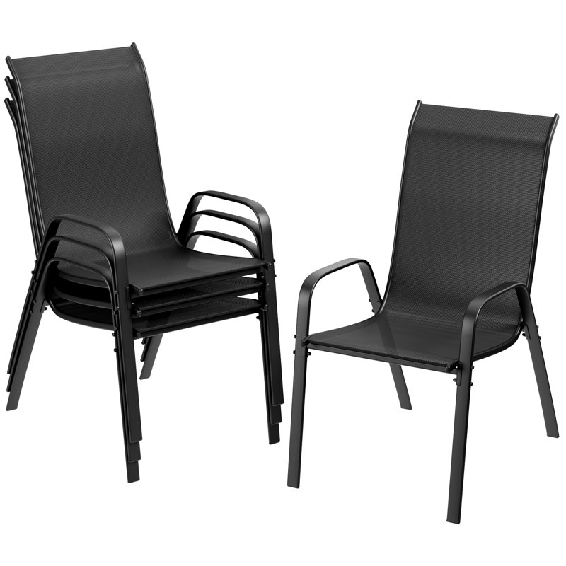Chaises de patio empilables toutes saisons, tissu en textilène durable avec accoudoirs, structure en métal robuste, chaises de salle à manger d'extérieur à séchage rapide ergonomiques pour la cour et la piscine (noir, 4 pièces)