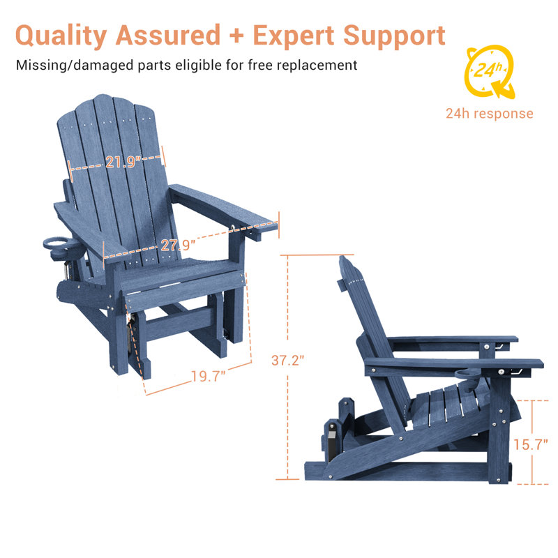 HDPE Glider Adirondack Chair, Wood-Like Glider Rocking Chair, 3-Position Adjustable Fire Pit Chair with Cup Holder for Lawn, Deck, & Poolside