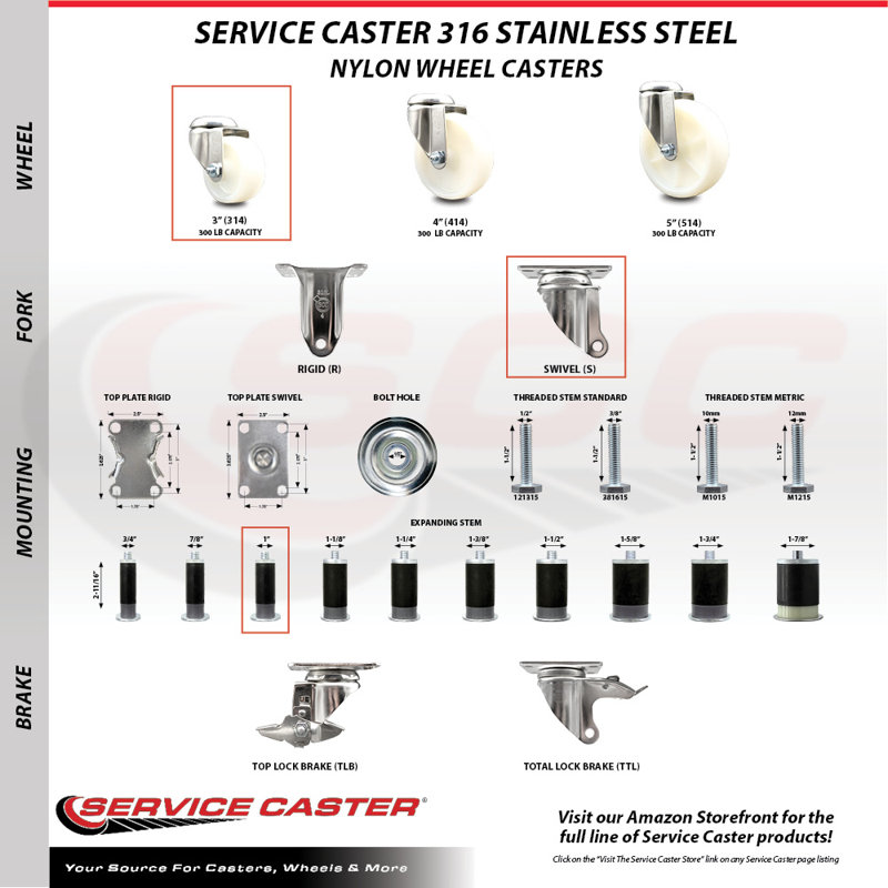 4 Piece Nylon Swivel Expanding Stem Caster Set