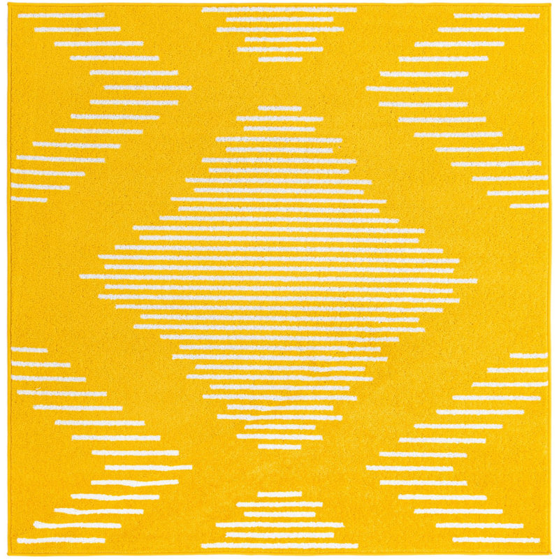 Tapis géométrique jaune en polypropylène tissé à la machine, Carré 5 pi 3 po