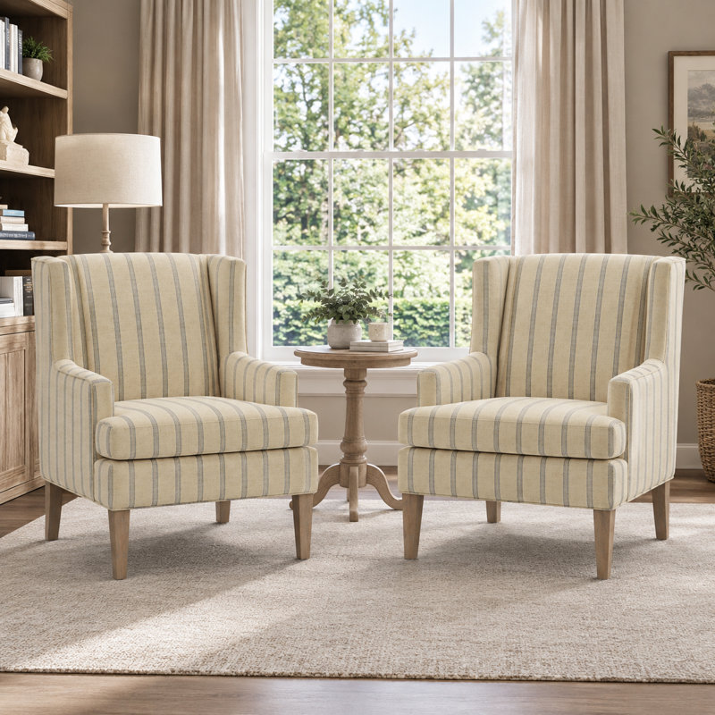 Fauteuil à oreilles rembourré en tissu 29 po avec pieds en bois massif Decker, Natural