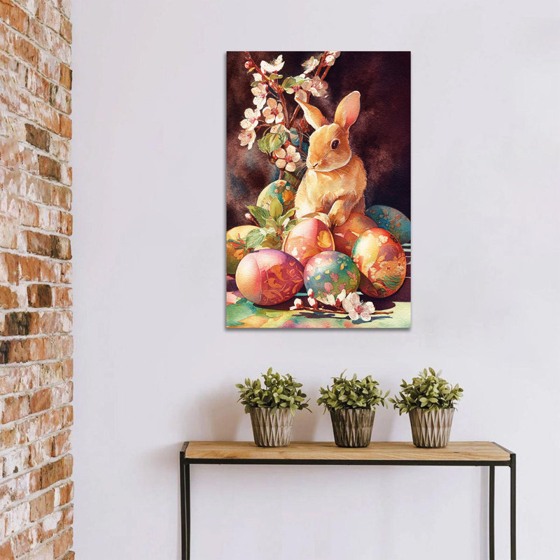  Art mural sur toile de lapin de Pâques - Décoration murale lapin de printemps vibrant avec œufs et fleurs de Pâques, pour décoration murale de Pâques et décorations saisonnières pour la maison, 12 po x 18 po