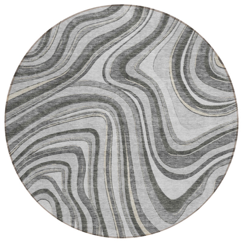 Tapis d'intérieur rond lavable abstrait gris anthracite et ivoire 8 pi