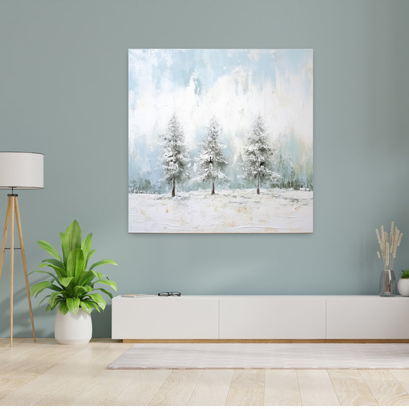 Paysage de neige contemporain avec arbres d'hiver enneigé, art de la forêt, H 48 po x l 48 po