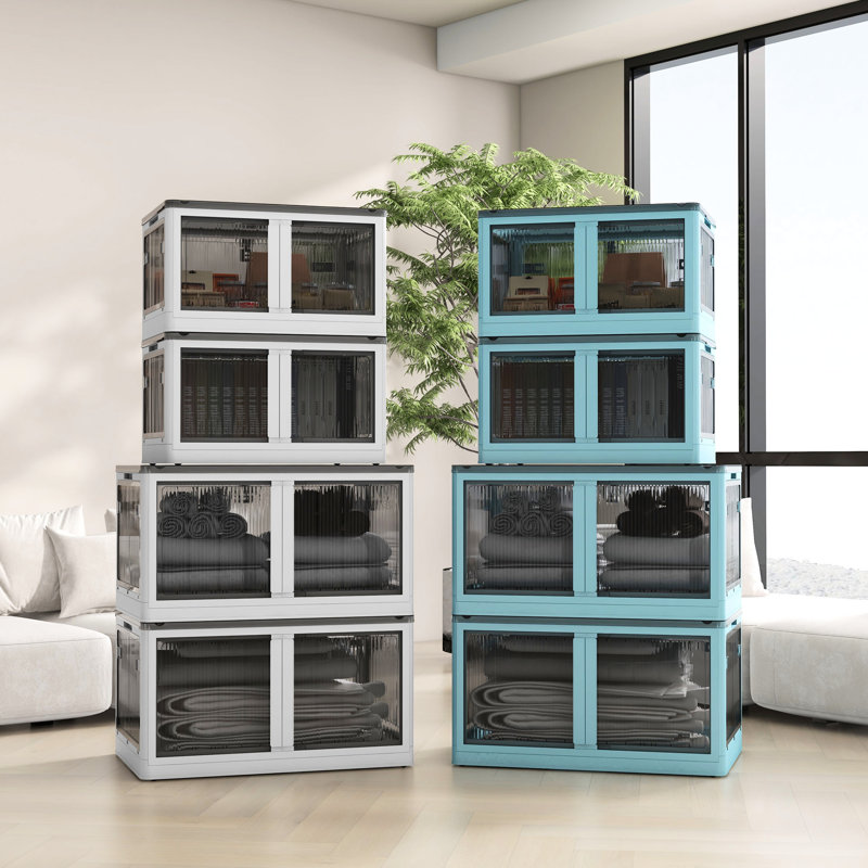 32 bacs de rangement empilables avec couvercles. Roues en plastique pliables. Pour l'organisation du bureau. 5 accès. Pliant. Empilage sécurisé. Blanc. Capacité: Couvercles de 110 lb, 3 contenants. Idéal pour la chambre à coucher