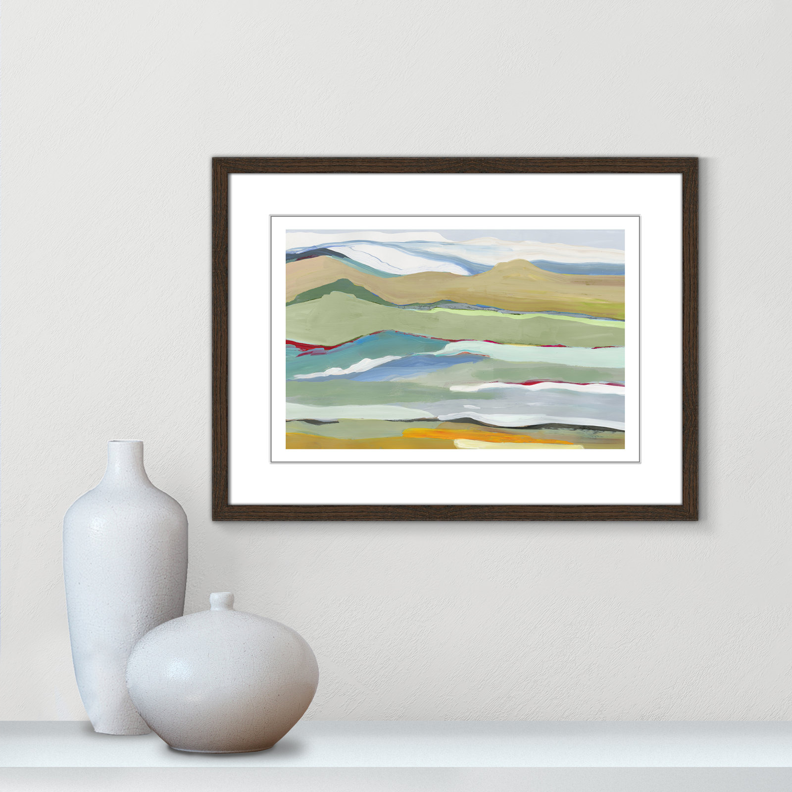 Dee "Goodbye Summer on the Hills" Painting, 17" H x 23" W x 0.75" D, Walnut Wood Framed