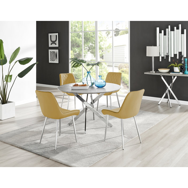 Tierra Modern Chrome Metal & Glass Round Dining Table Set with 4 Luxury Velvet Dining Chairs, Navy/Silver, 75 x 120 x 120cm