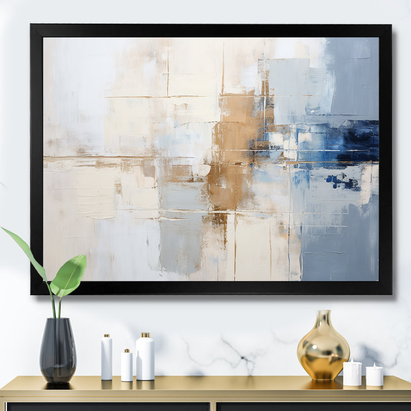 Peinture blanche et bleue Fusion - peinture abstraite, art mural, H 12 po x l 20 po x P 1 po, Cadre simple noir