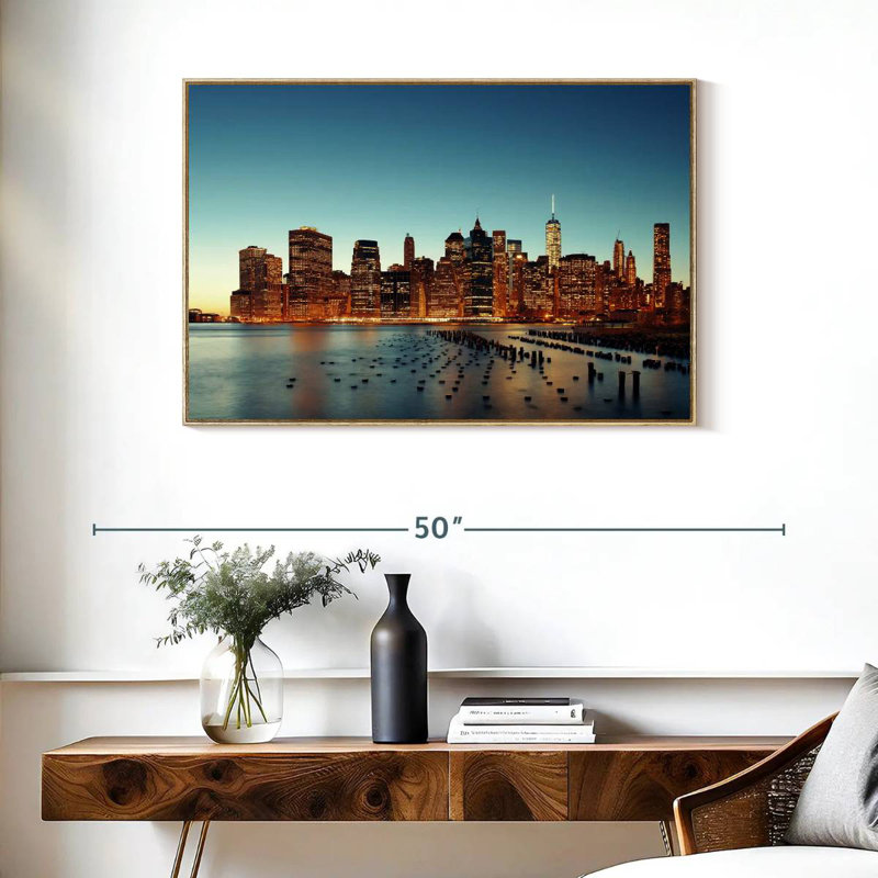 Horizon de New York la nuit, Cadre flottant en bois naturel, 37 po x 25 po