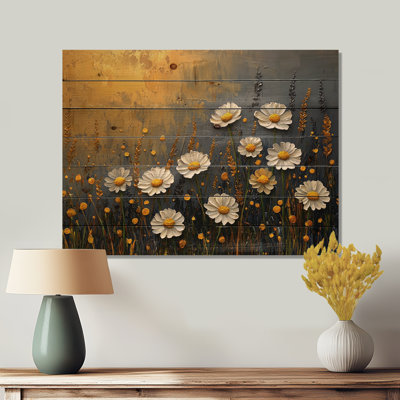 Dark Summer Daisies Field Landscape I - Daisies Wood Wall Art - On Natural Pine Wood