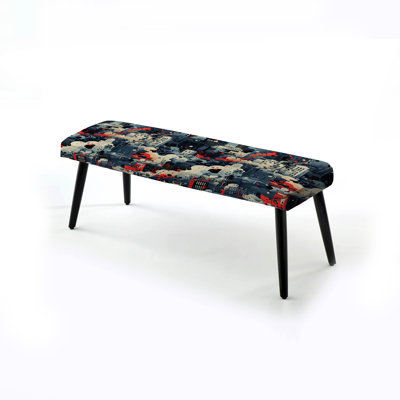 Blue And White Cityscape Pattern - Abstract Upholstered Black Bench