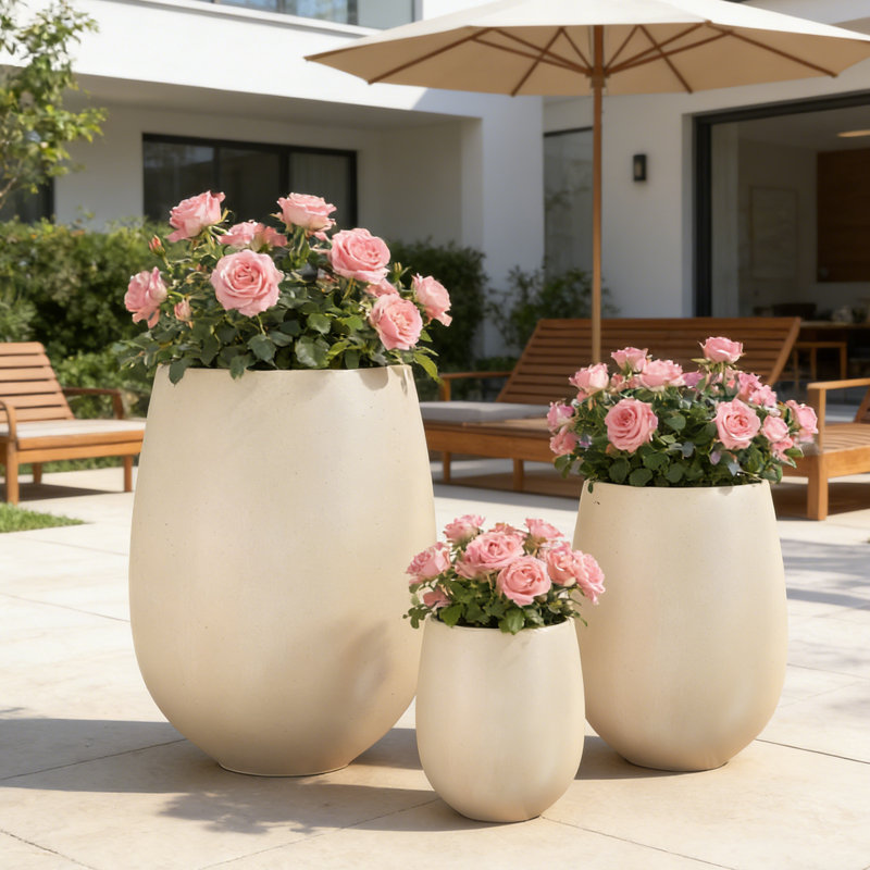 Ensemble de jardinières d'extérieur 3 tailles American Modern avec fabrication MGO résistante aux intempéries, Beige
