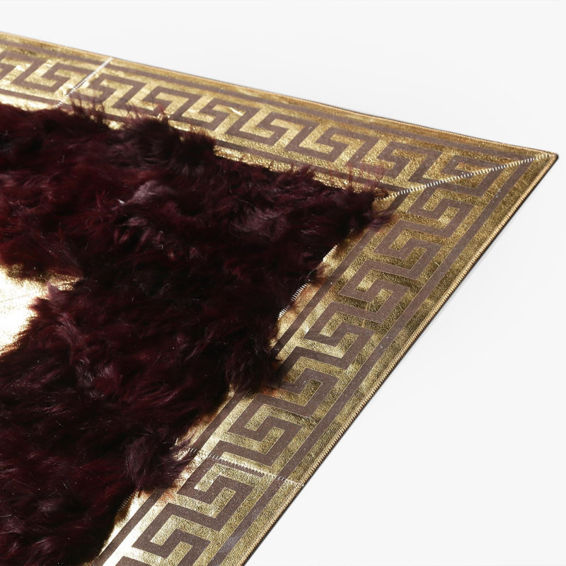 Tapis toscan en cuir véritable fait à la main avec bordure dorée, Rectangulaire 8 pi x 10 pi